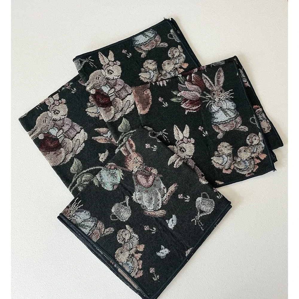 Vtg Cloth Napkins Green Tapestry Bunny SET 4 cottagecore dark moody decor 16x16